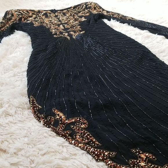 80s Vintage AJ Bari Beaded Sequin Gold & Black Asymmetrical Dress - Picture 14 of 17